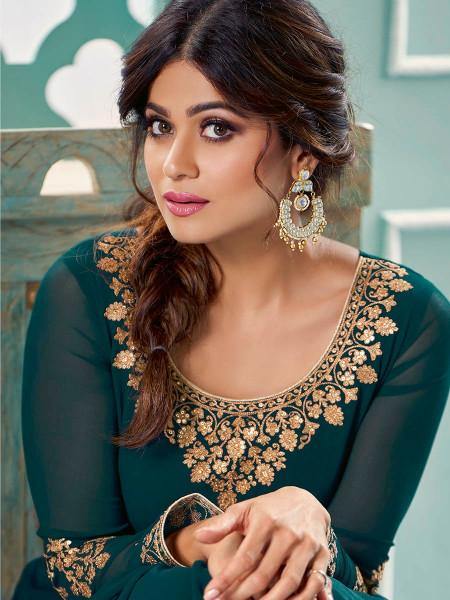 Myra Teal Embroidered Real Georgette Anarkali Suit | Swadesiicart