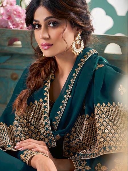 Myra Teal Embroidered Real Georgette Anarkali Suit | Swadesiicart