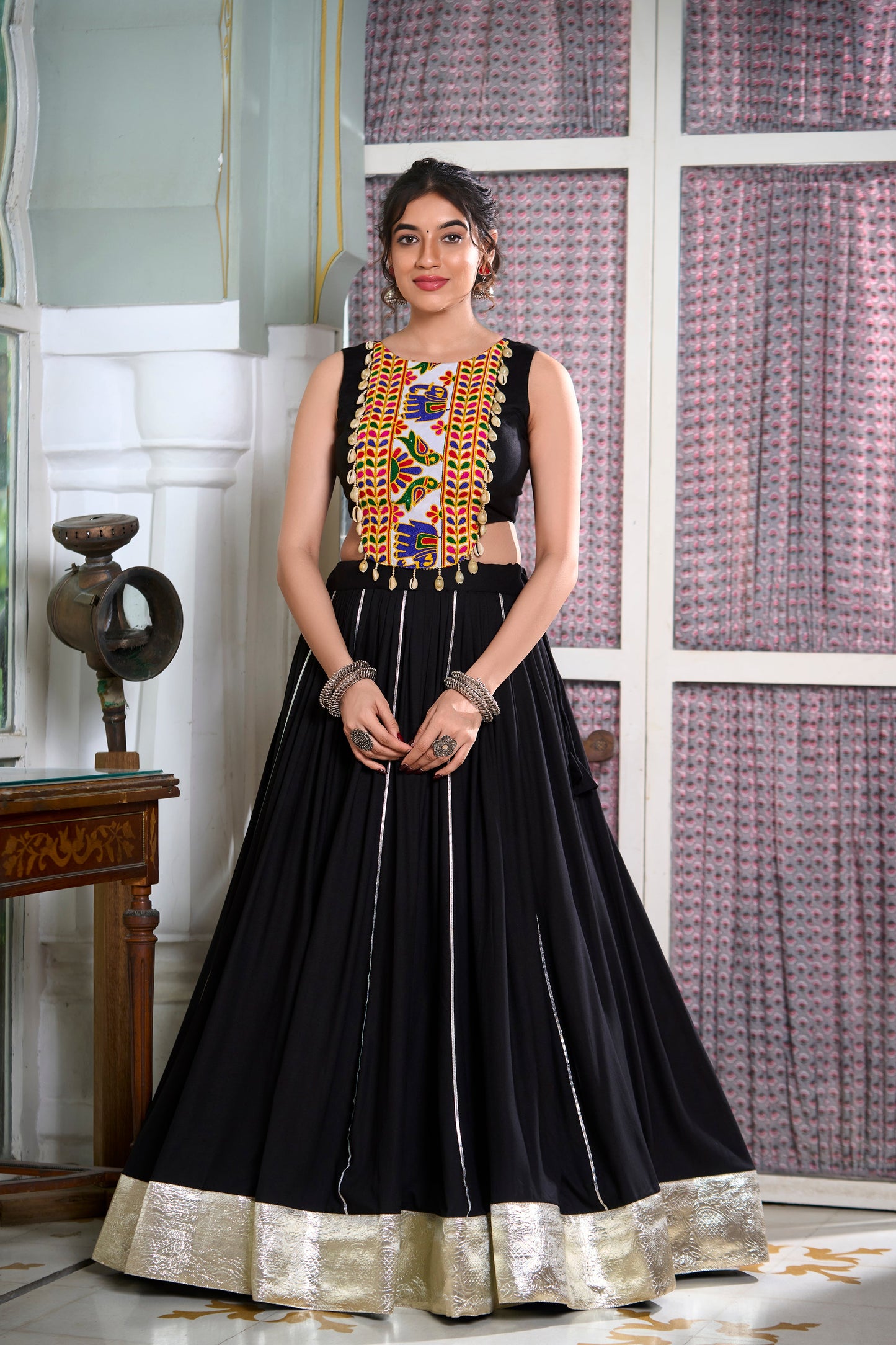 Lorenvalley Black Rayon Plain And Lace Border With Gotta Patti Touch Up Lehenga Choli | Swadesiicart