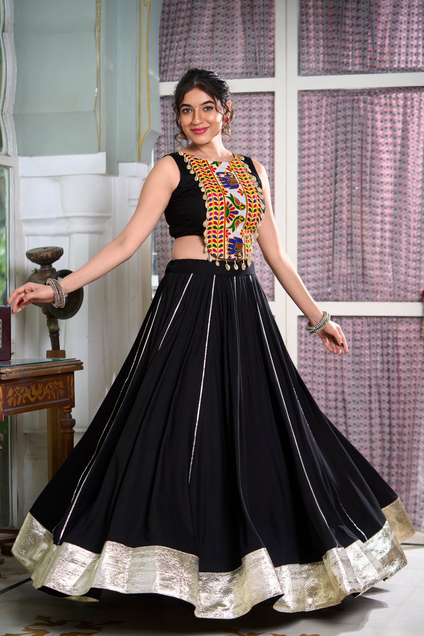 Lorenvalley Black Rayon Plain And Lace Border With Gotta Patti Touch Up Lehenga Choli | Swadesiicart