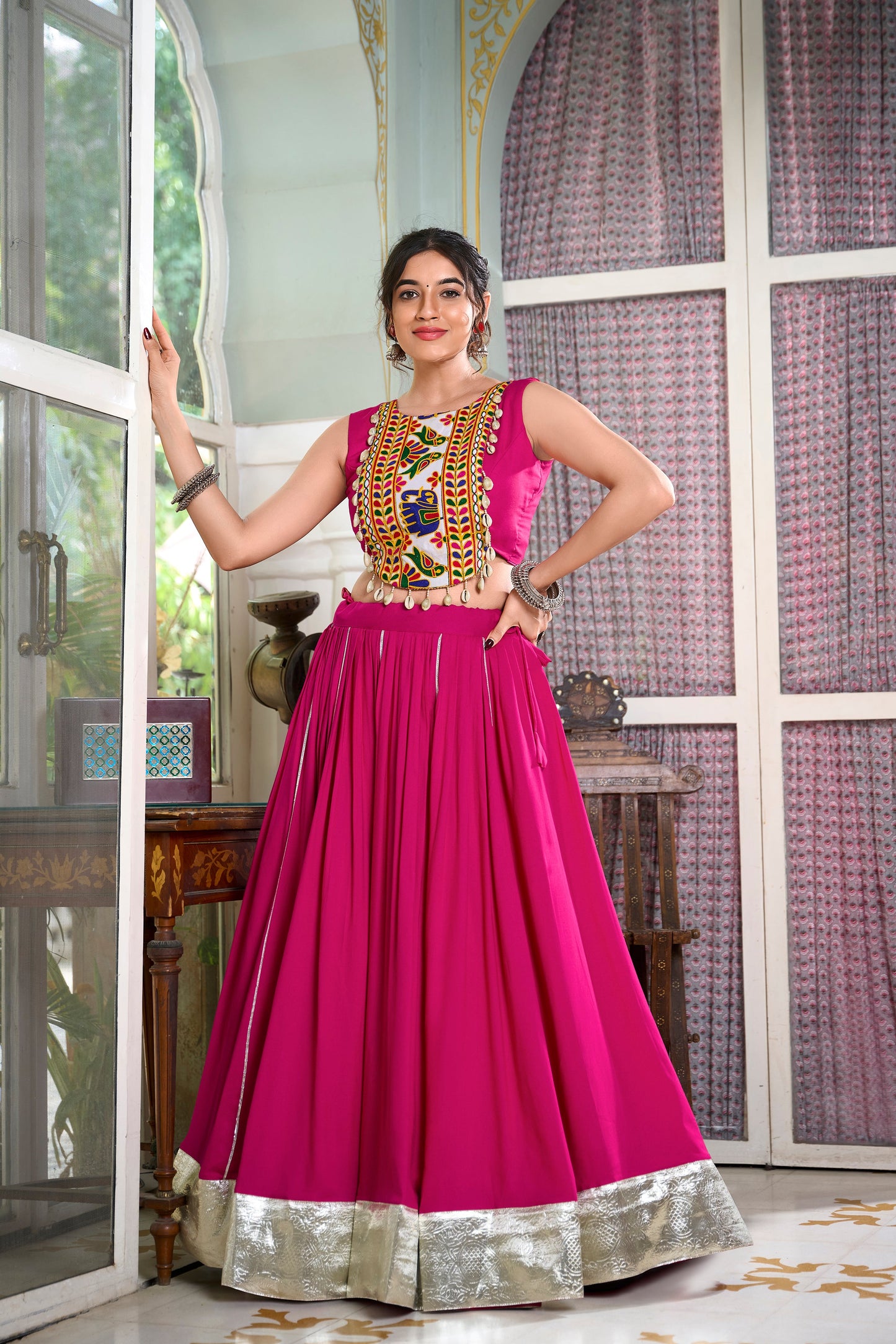 Lorenvalley Pink Rayon Plain And Lace Border With Gotta Patti Touch Up Lehenga Choli | Swadesiicart
