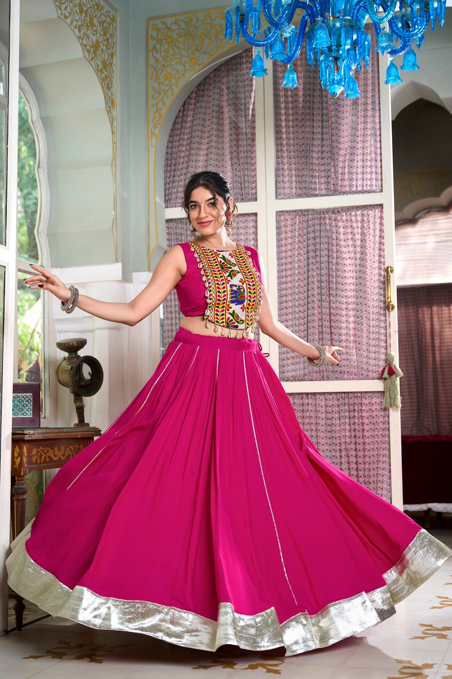 Lorenvalley Pink Rayon Plain And Lace Border With Gotta Patti Touch Up Lehenga Choli | Swadesiicart