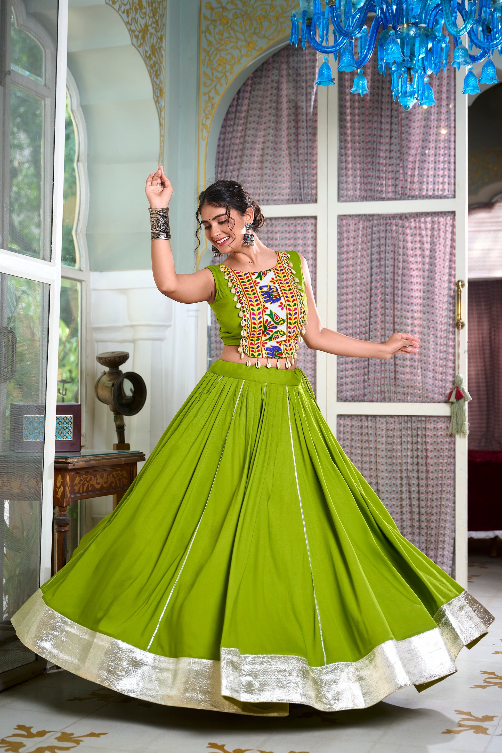 Lorenvalley Parotgreen Rayon Plain And Lace Border With Gotta Patti Touch Up Lehenga Choli | Swadesiicart