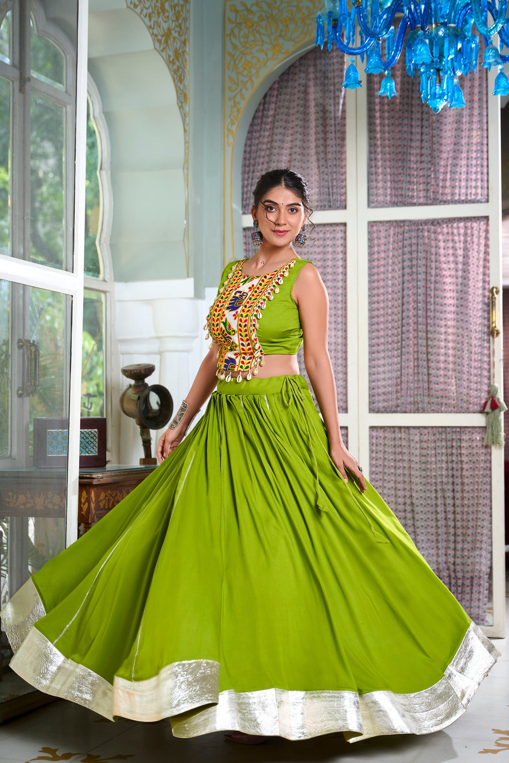 Lorenvalley Parotgreen Rayon Plain And Lace Border With Gotta Patti Touch Up Lehenga Choli | Swadesiicart