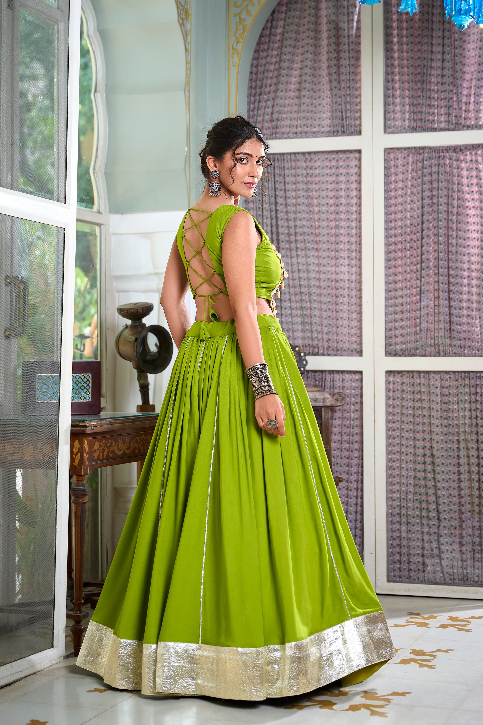 Lorenvalley Parotgreen Rayon Plain And Lace Border With Gotta Patti Touch Up Lehenga Choli | Swadesiicart