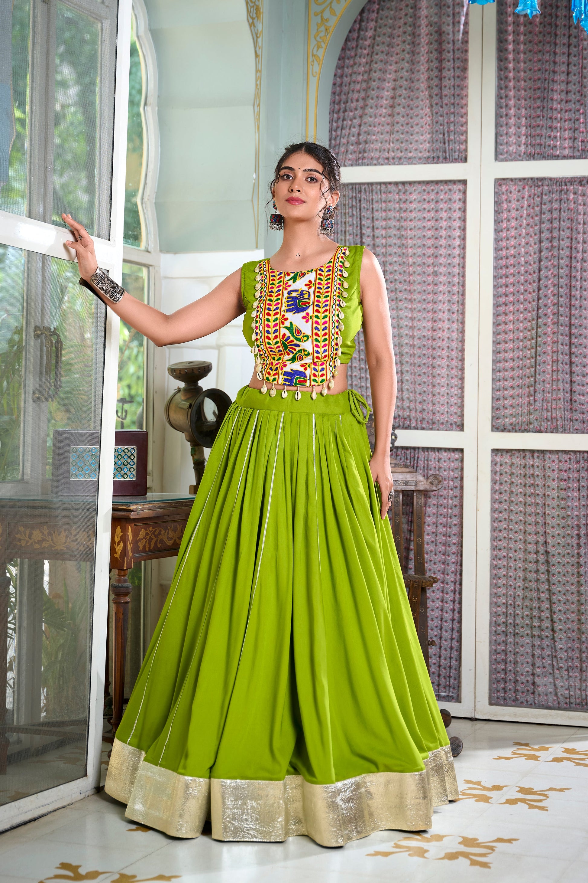 Lorenvalley Parotgreen Rayon Plain And Lace Border With Gotta Patti Touch Up Lehenga Choli | Swadesiicart