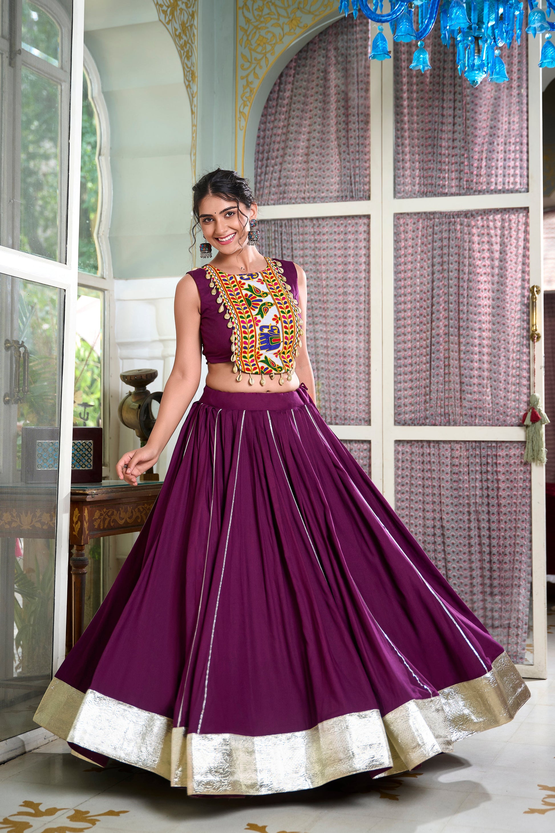 Lorenvalley Wine Rayon Plain And Lace Border With Gotta Patti Touch Up Lehenga Choli | Swadesiicart