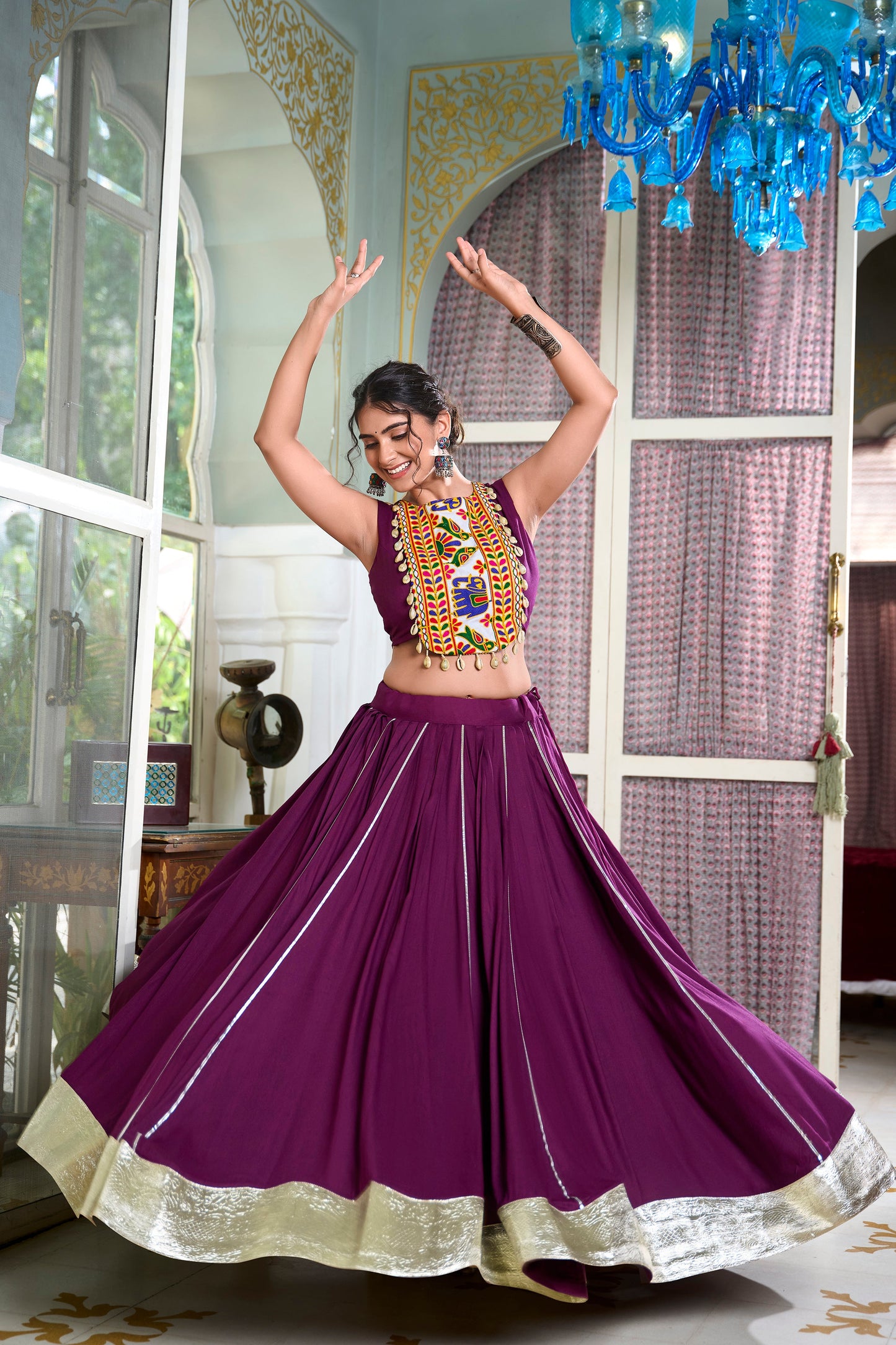 Lorenvalley Wine Rayon Plain And Lace Border With Gotta Patti Touch Up Lehenga Choli | Swadesiicart