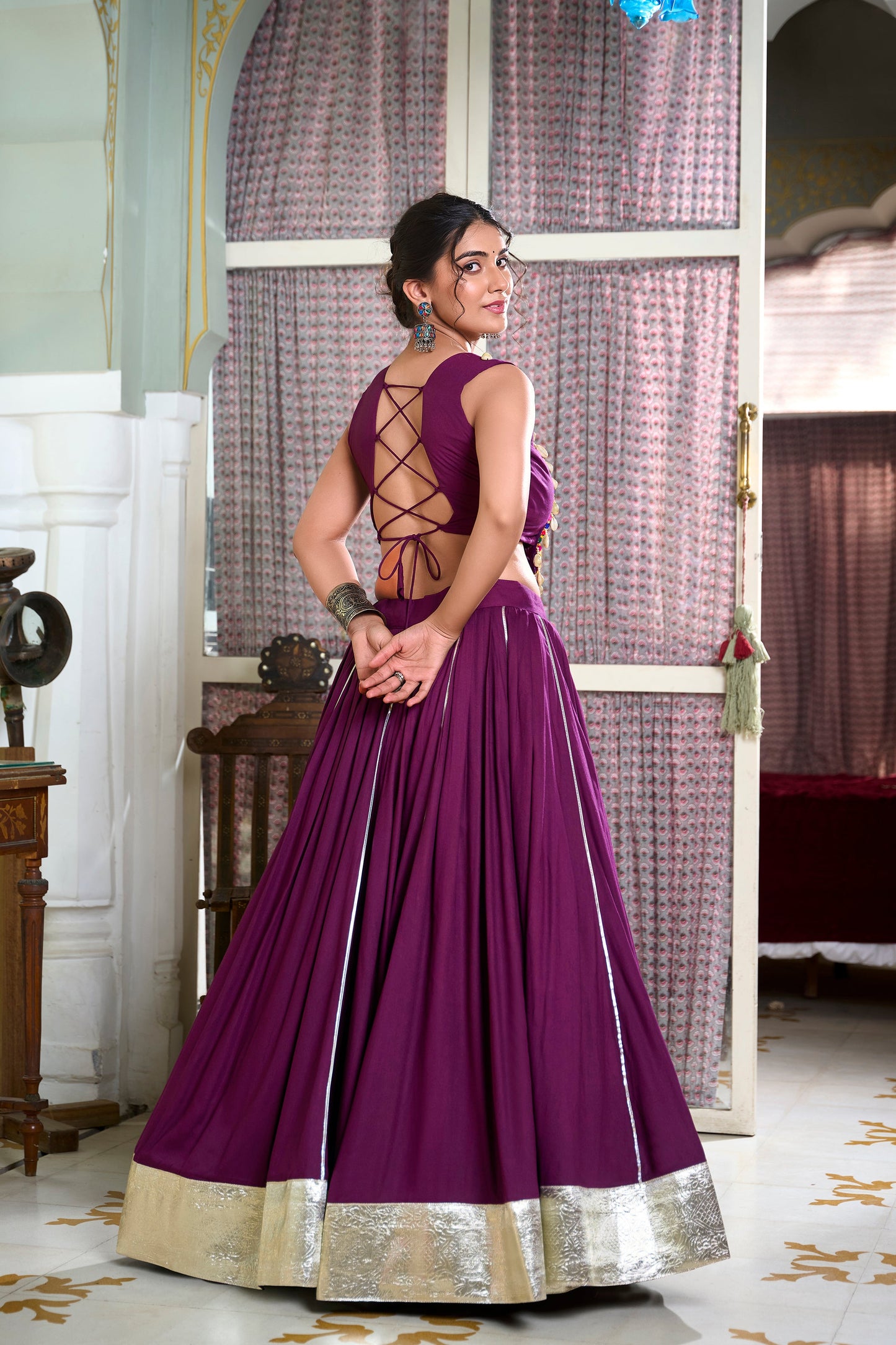 Lorenvalley Wine Rayon Plain And Lace Border With Gotta Patti Touch Up Lehenga Choli | Swadesiicart