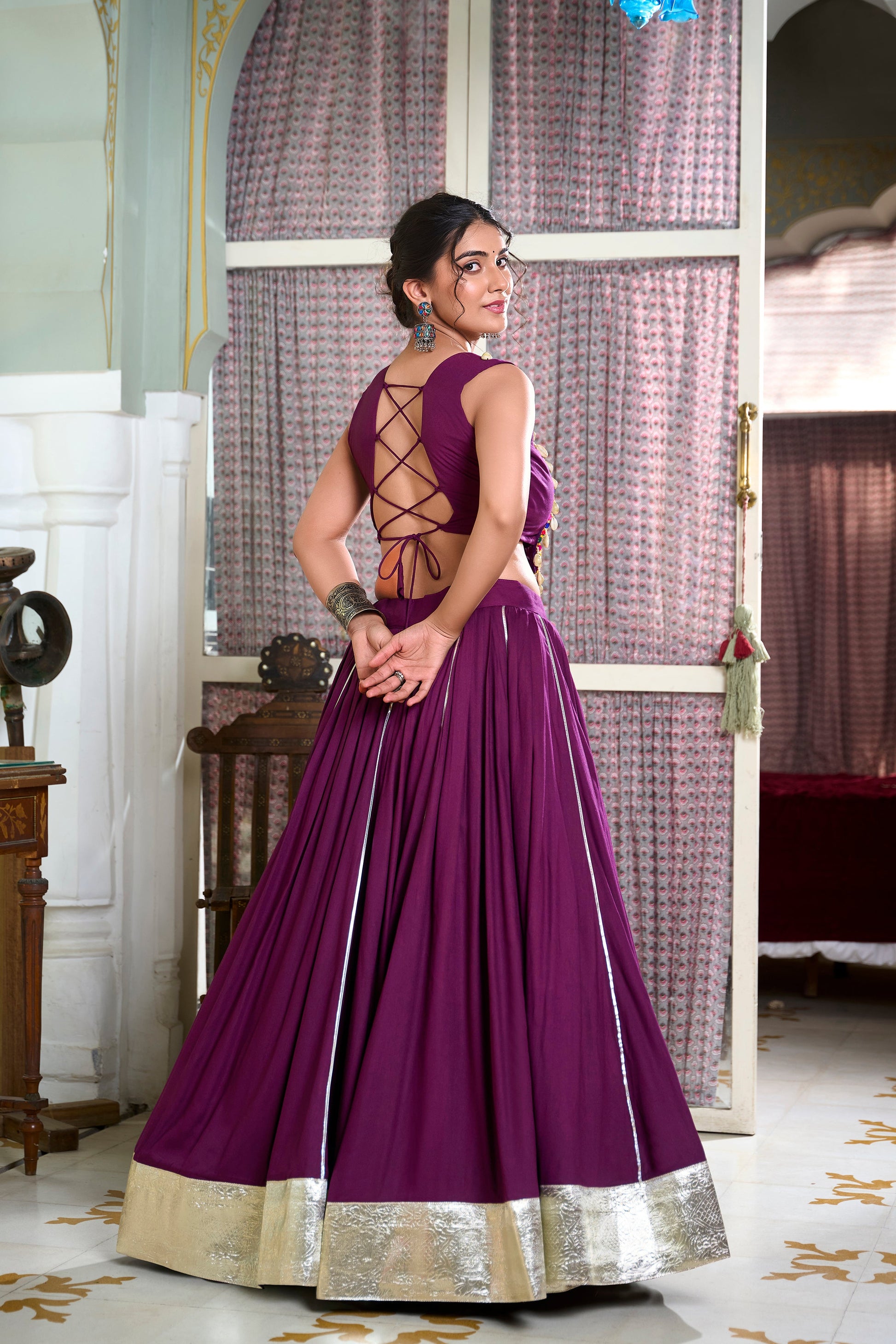 Lorenvalley Wine Rayon Plain And Lace Border With Gotta Patti Touch Up Lehenga Choli | Swadesiicart