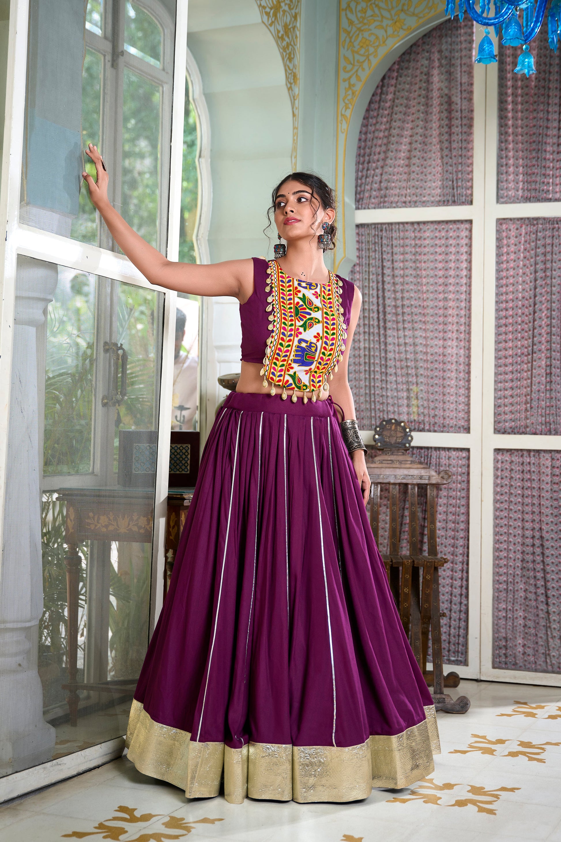 Lorenvalley Wine Rayon Plain And Lace Border With Gotta Patti Touch Up Lehenga Choli | Swadesiicart