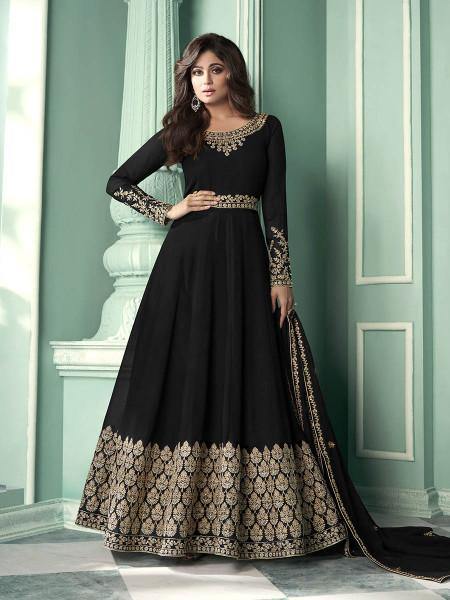 Myra Black and Gold Georgette Embroidered Anarkali Suit | Swadesiicart