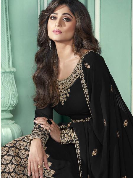 Myra Black and Gold Georgette Embroidered Anarkali Suit | Swadesiicart