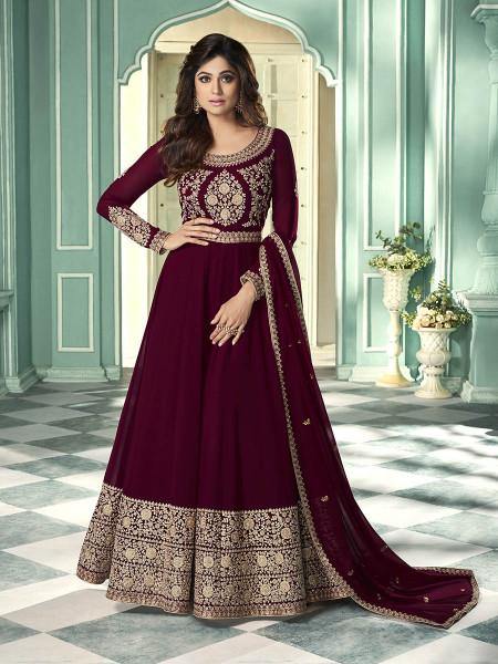 Myra Wine and Gold Georgette Embroidered Anarkali Suit | Swadesiicart