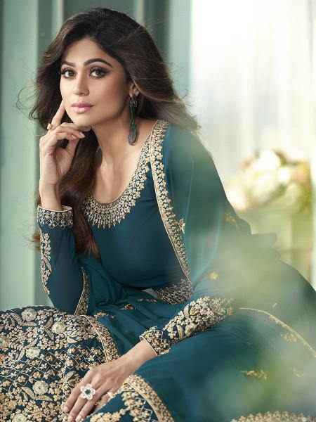 Myra Teal Georgette Embroidered Anarkali Suit | Swadesiicart