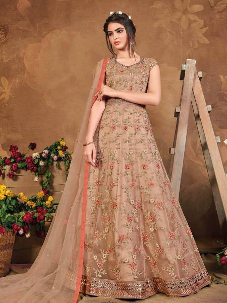 Myra Brown Butterfly Net Embroidered Anarkali Suit | Swadesiicart
