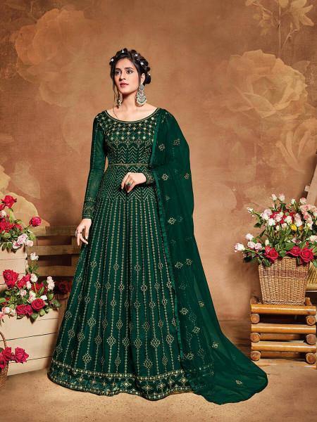 Myra Deep Green Butterfly Net Embroidered Anarkali Suit | Swadesiicart