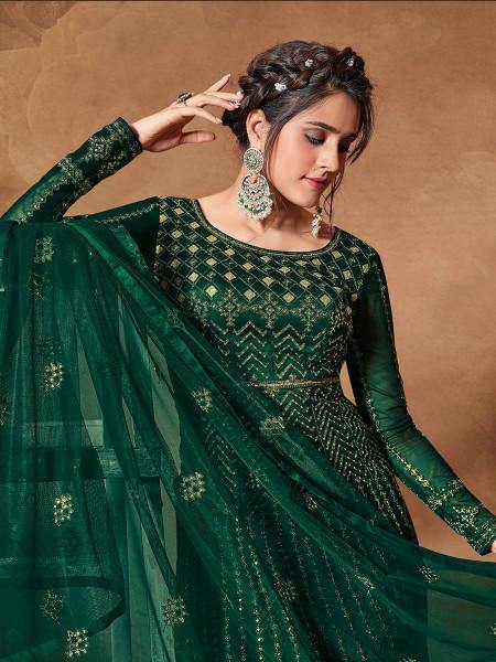 Myra Deep Green Butterfly Net Embroidered Anarkali Suit | Swadesiicart
