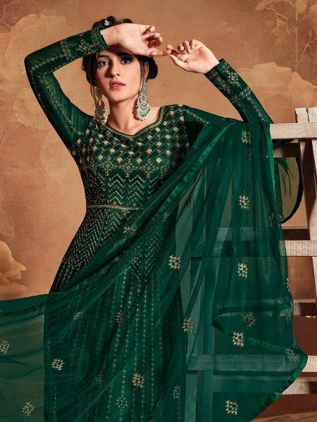 Myra Deep Green Butterfly Net Embroidered Anarkali Suit | Swadesiicart