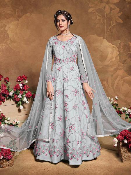 Myra Light Grey Butterfly Net Embroidered Anarkali Suit | Swadesiicart