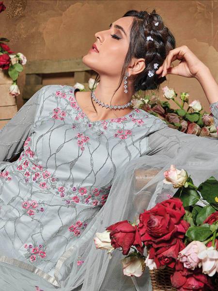 Myra Light Grey Butterfly Net Embroidered Anarkali Suit | Swadesiicart