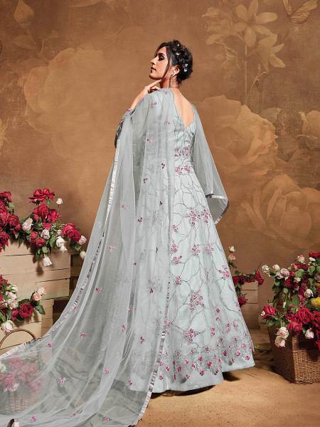 Myra Light Grey Butterfly Net Embroidered Anarkali Suit | Swadesiicart