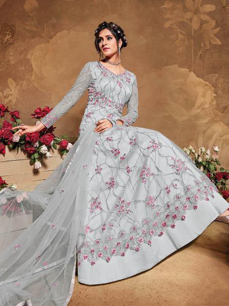 Myra Light Grey Butterfly Net Embroidered Anarkali Suit | Swadesiicart