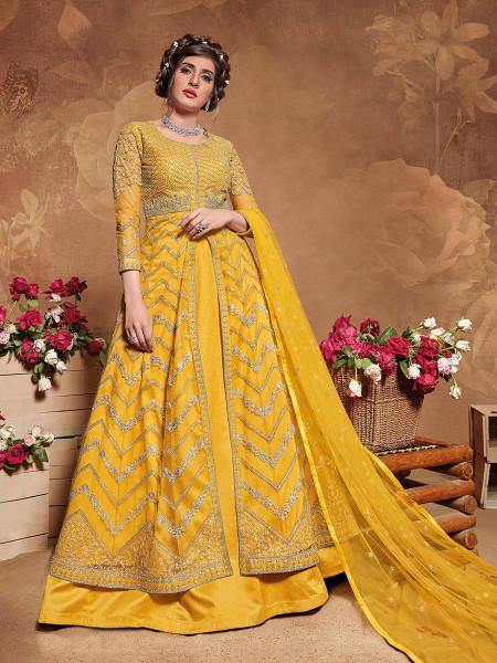 Myra Mustard Yellow Butterfly Net Embroidered Anarkali Suit | Swadesiicart