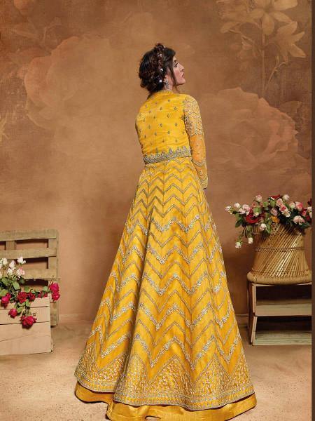 Myra Mustard Yellow Butterfly Net Embroidered Anarkali Suit | Swadesiicart