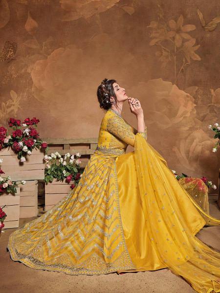 Myra Mustard Yellow Butterfly Net Embroidered Anarkali Suit | Swadesiicart