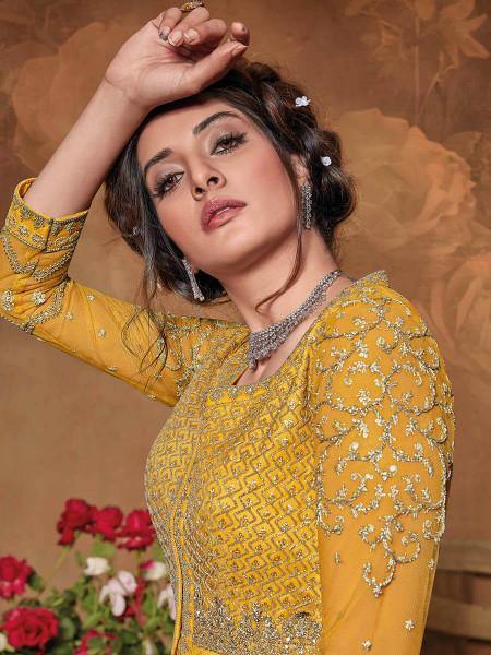 Myra Mustard Yellow Butterfly Net Embroidered Anarkali Suit | Swadesiicart