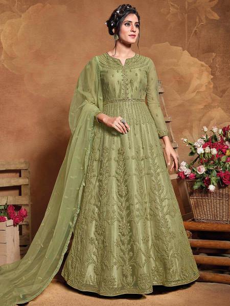 Myra Beautiful Pista Butterfly Net Embroidered Anarkali Suit | Swadesiicart