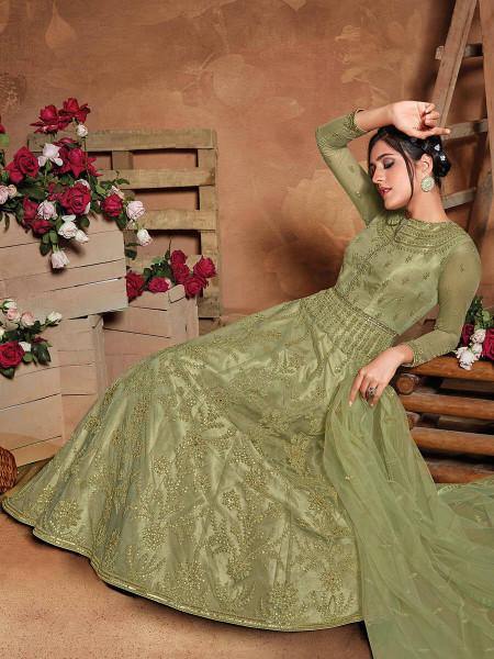 Myra Beautiful Pista Butterfly Net Embroidered Anarkali Suit | Swadesiicart