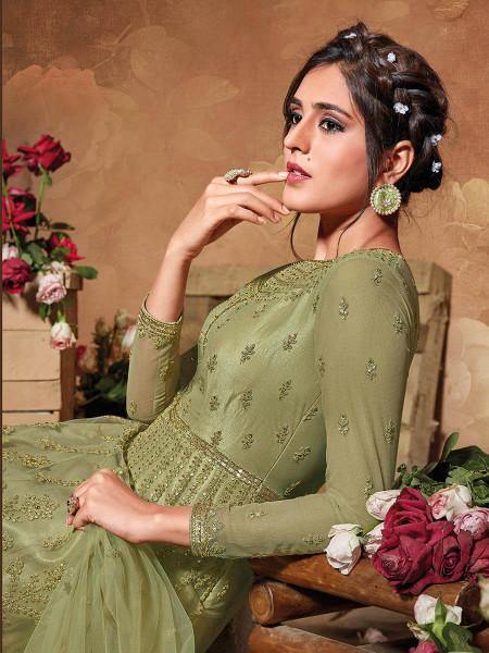 Myra Beautiful Pista Butterfly Net Embroidered Anarkali Suit | Swadesiicart