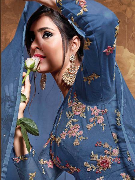 Myra Royal Blue Butterfly Net Embroidered Anarkali Suit | Swadesiicart