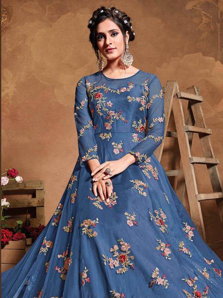 Myra Royal Blue Butterfly Net Embroidered Anarkali Suit | Swadesiicart