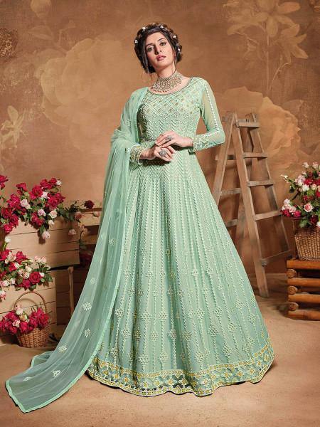 Myra Pastel Green Butterfly Net Embroidered Anarkali Suit | Swadesiicart
