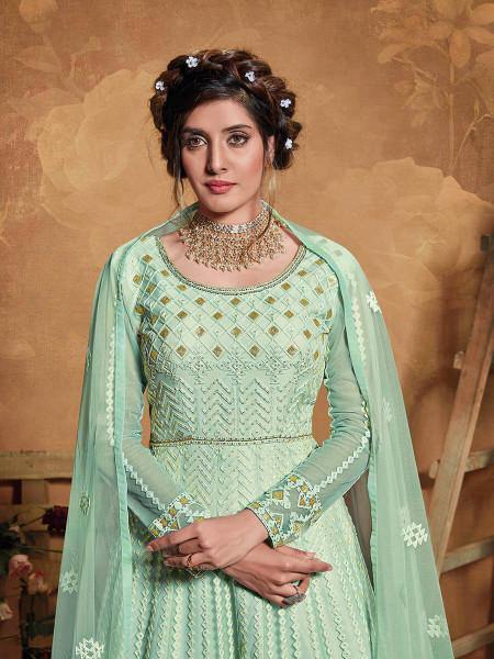 Myra Pastel Green Butterfly Net Embroidered Anarkali Suit | Swadesiicart