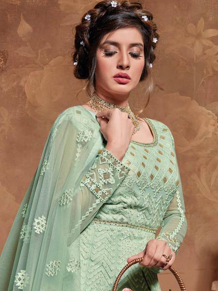 Myra Pastel Green Butterfly Net Embroidered Anarkali Suit | Swadesiicart