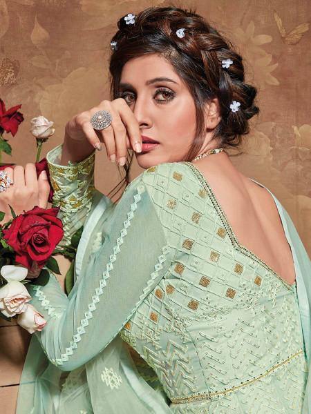 Myra Pastel Green Butterfly Net Embroidered Anarkali Suit | Swadesiicart