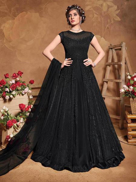 Myra Black Butterfly Net Embroidered Anarkali Suit | Swadesiicart