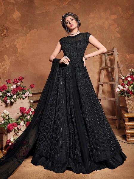 Myra Black Butterfly Net Embroidered Anarkali Suit | Swadesiicart