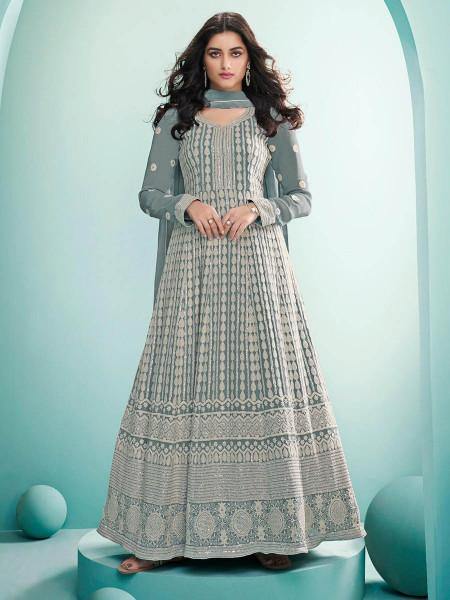Myra Dusty Grey Real Georgette with Luckhnavi work Anarkali Suit | Swadesiicart