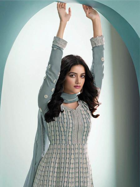 Myra Dusty Grey Real Georgette with Luckhnavi work Anarkali Suit | Swadesiicart