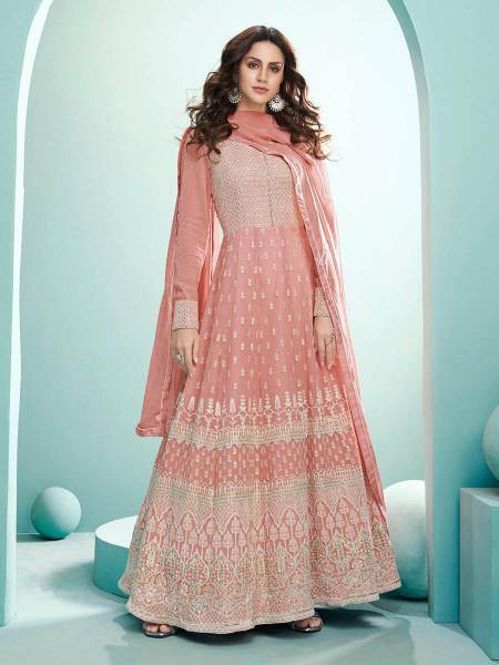 Myra Peach Real Georgette with Luckhnavi work Anarkali Suit | Swadesiicart