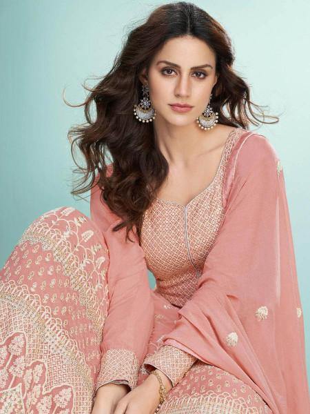 Myra Peach Real Georgette with Luckhnavi work Anarkali Suit | Swadesiicart