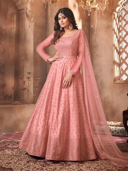Myra Beautiful Dusty Pink Butterfly Net Embroidered Anarkali Suit | Swadesiicart