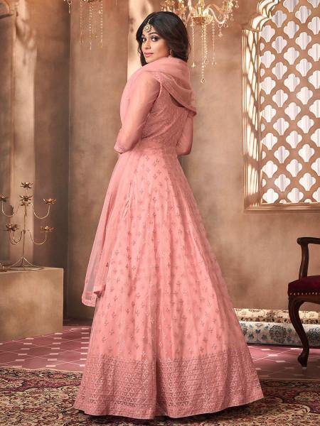 Myra Beautiful Dusty Pink Butterfly Net Embroidered Anarkali Suit | Swadesiicart