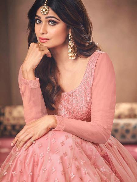 Myra Beautiful Dusty Pink Butterfly Net Embroidered Anarkali Suit | Swadesiicart