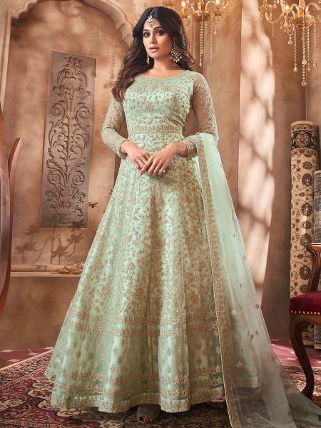 Myra Beautiful Pastel Green Butterfly Net Embroidered Anarkali Suit | Swadesiicart